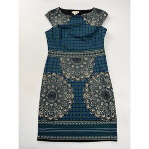 London Times Sheath Dress Medallion Print‎ Cap Sleeve Career Blue Size 12